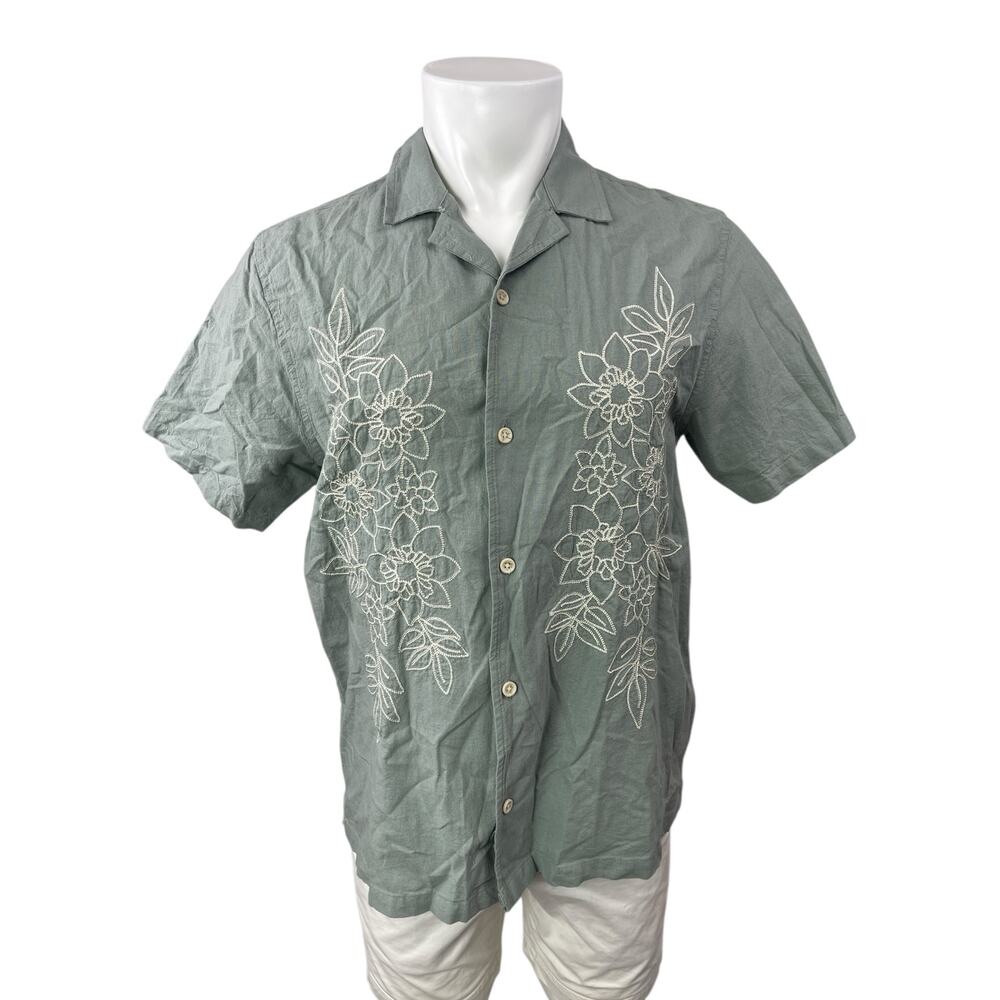 Folk Men's Green Linen Lace Floral Short Sleeve Button Down Shirt Top Size M